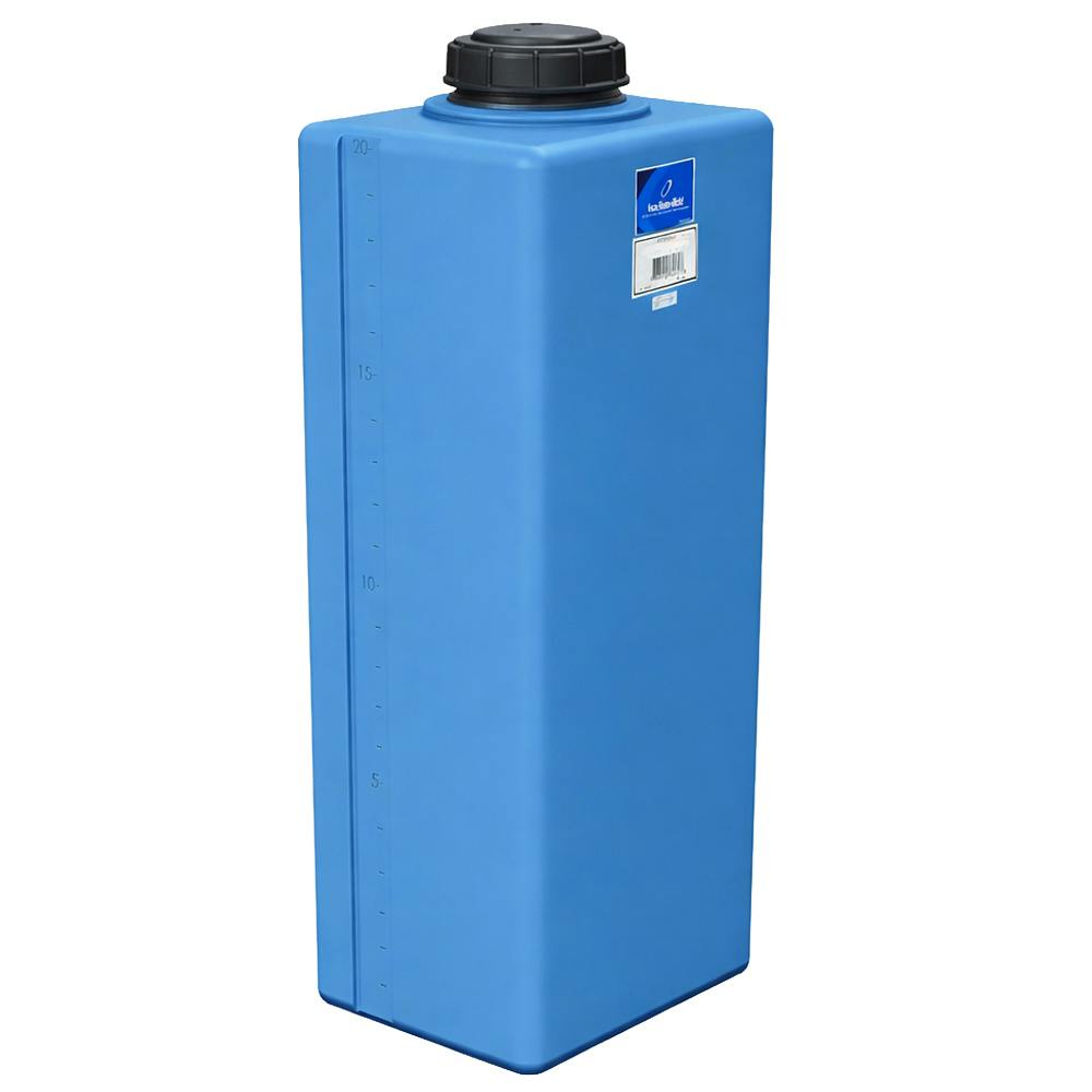 20 Gallon Blue Polyethylene Rectangular Flat Bottom Tank with 5" Lid & 1/2" Outlet - 15" L x 11" W x 31" Hgt.