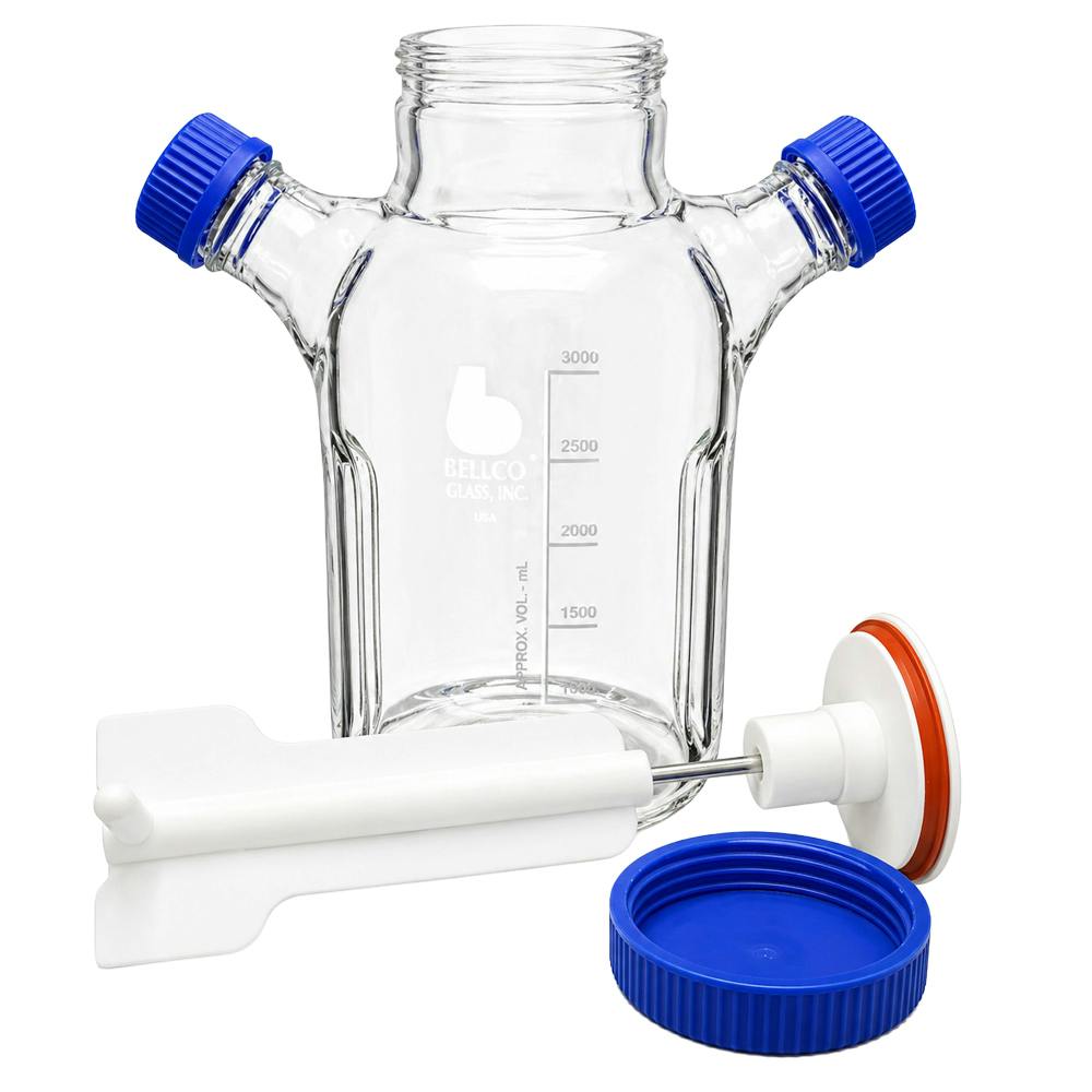 3 Liter Bell-Flo Baffled Glass Spinner Flask Assembly with PTFE Paddle & 100mm/45mm Blue Caps