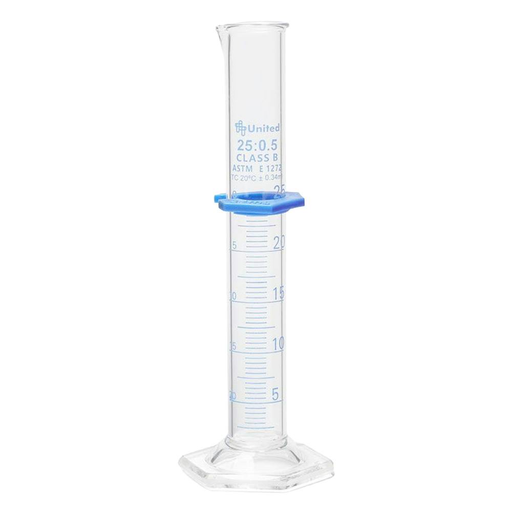 25mL Class B Borosilicate Glass Dual Scale Graduated Cylinder with Bumper Guard - Package of 2