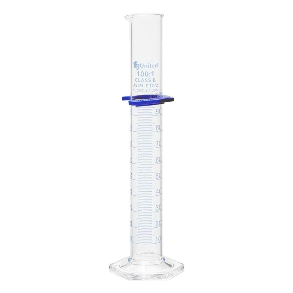 100mL Class B Borosilicate Glass Dual Scale Graduated Cylinder with Bumper Guard - Package of 2