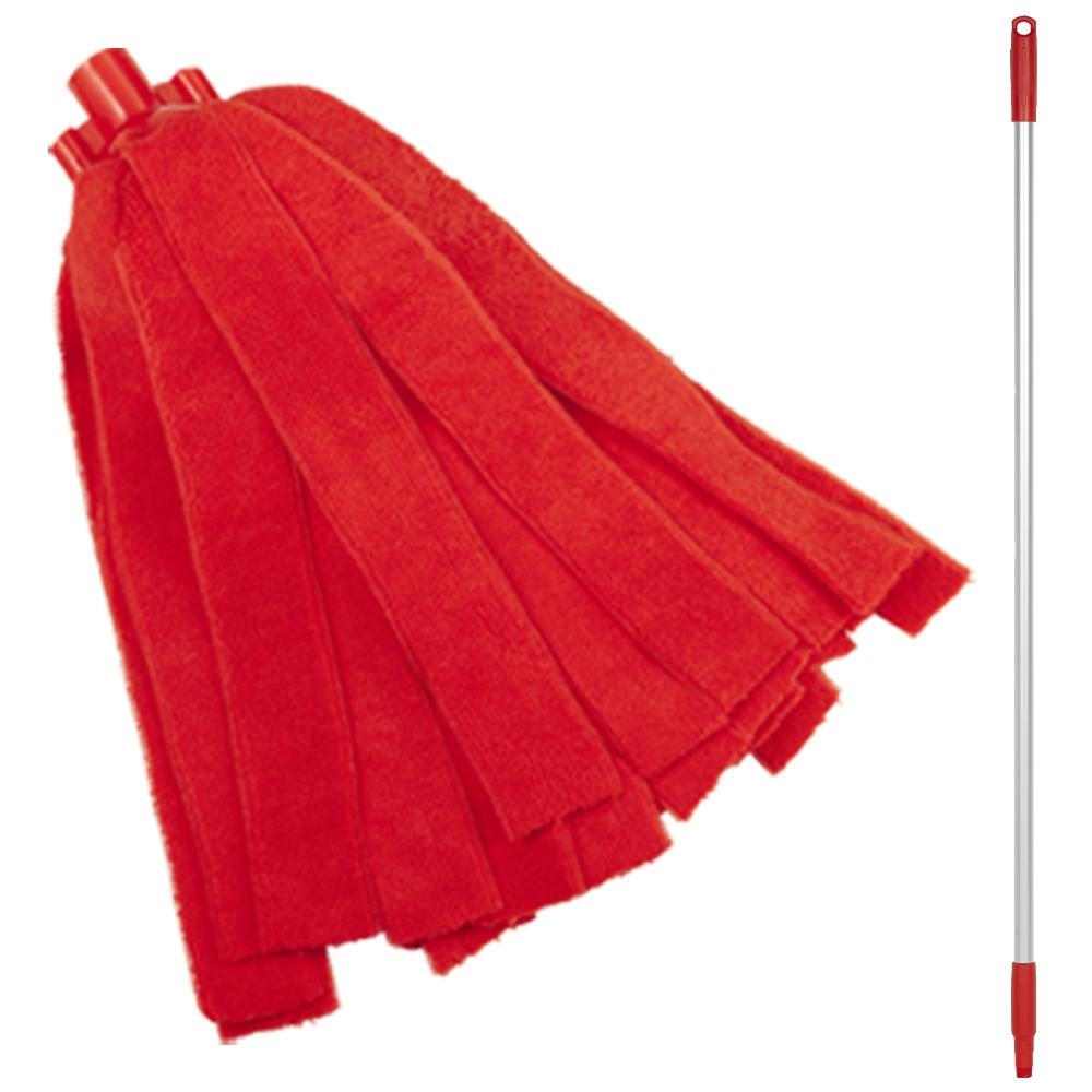 Red Microfiber Vikan® Socket Mop Head & 49.6" Aluminum Handle with Red Tip & Cap