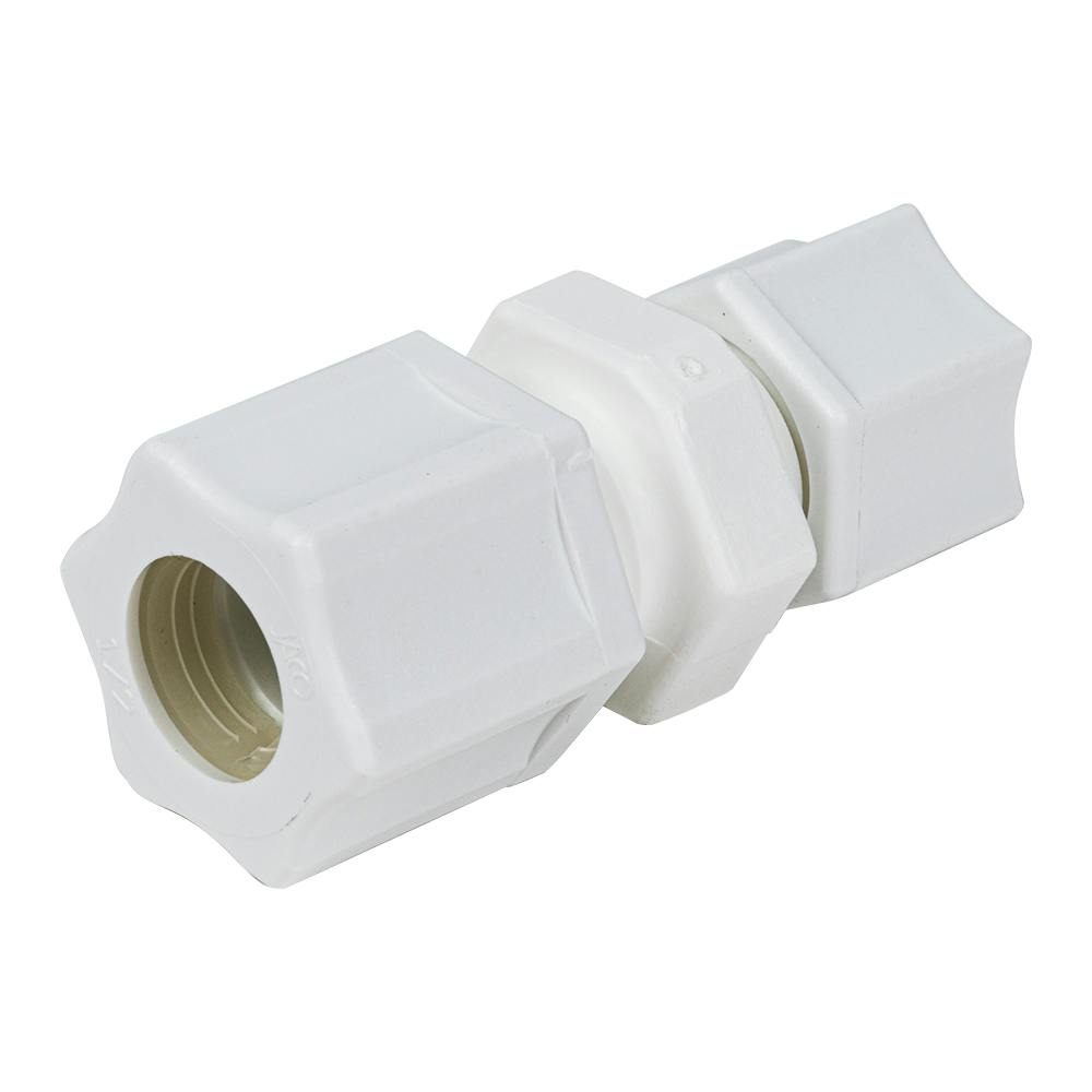 1/2" OD Compression x 3/8" OD Compression Polypropylene JACO Reducing Union Connector with Plastic Gripper