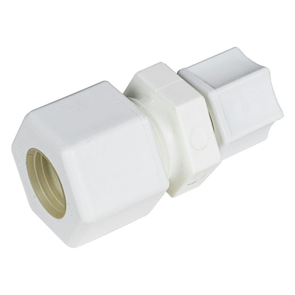 5/8" OD Compression x 3/8" OD Compression Polypropylene JACO Reducing Union Connector with Plastic Gripper