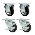 Black Polyurethane Caster with 3" OD x 1-1/4" W Wheel & Top Plate Mount - Set of 4 (2 Rigid & 2 Swivel with Brake)