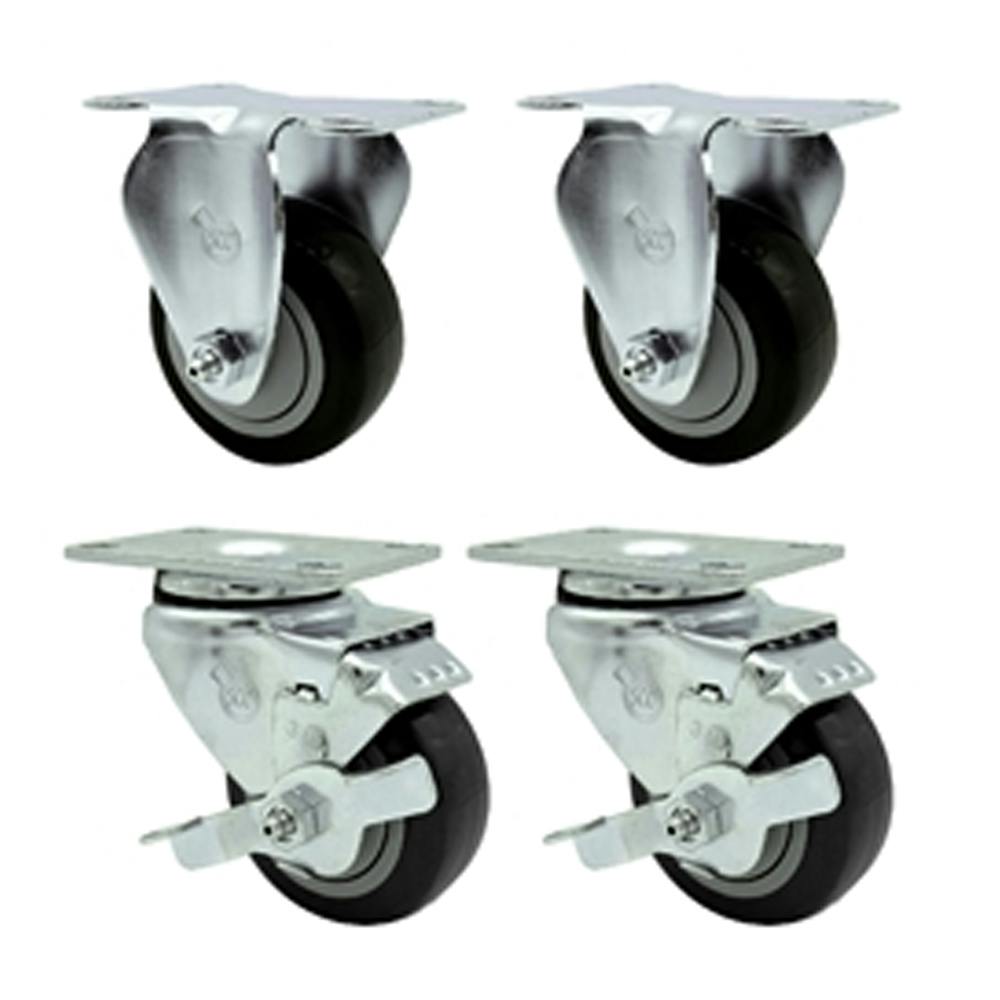 Black Polyurethane Caster with 3" OD x 1-1/4" W Wheel & Top Plate Mount - Set of 4 (2 Rigid & 2 Swivel with Brake)
