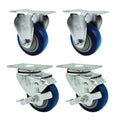Blue Polyurethane Caster with 3" OD x 1-1/4" W Wheel & Top Plate Mount - Set of 4 (2 Rigid & 2 Swivel with Brake)