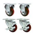 Red Polyurethane Caster with 3" OD x 1-1/4" W Wheel & Top Plate Mount - Set of 4 (2 Rigid & 2 Swivel with Brake)