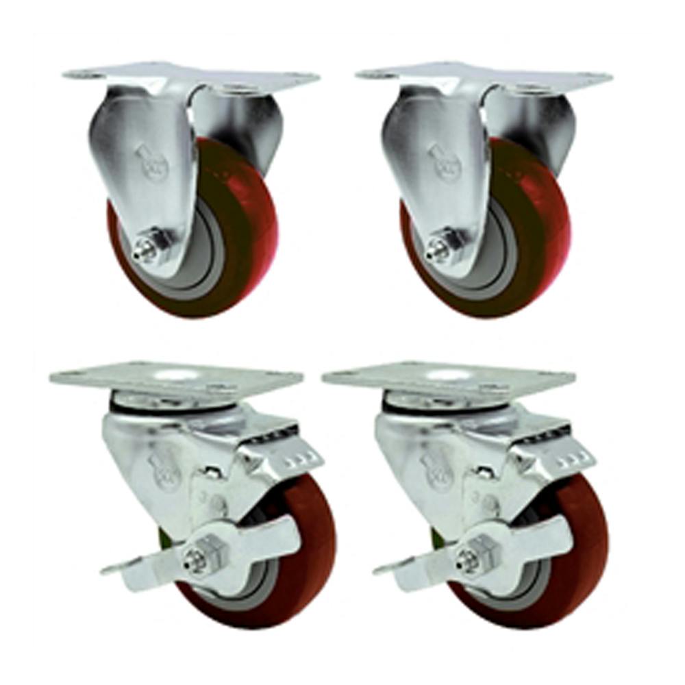 Red Polyurethane Caster with 3" OD x 1-1/4" W Wheel & Top Plate Mount - Set of 4 (2 Rigid & 2 Swivel with Brake)