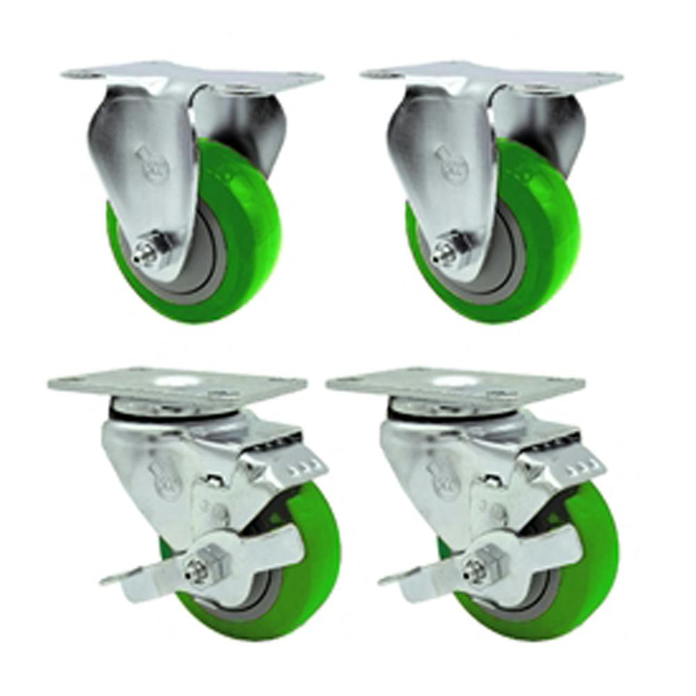 Green Polyurethane Caster with 3" OD x 1-1/4" W Wheel & Top Plate Mount - Set of 4 (2 Rigid & 2 Swivel with Brake)