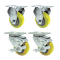 Yellow Polyurethane Caster with 3" OD x 1-1/4" W Wheel & Top Plate Mount - Set of 4 (2 Rigid & 2 Swivel with Brake)