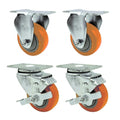 Orange Polyurethane Caster with 3" OD x 1-1/4" W Wheel & Top Plate Mount - Set of 4 (2 Rigid & 2 Swivel with Brake)