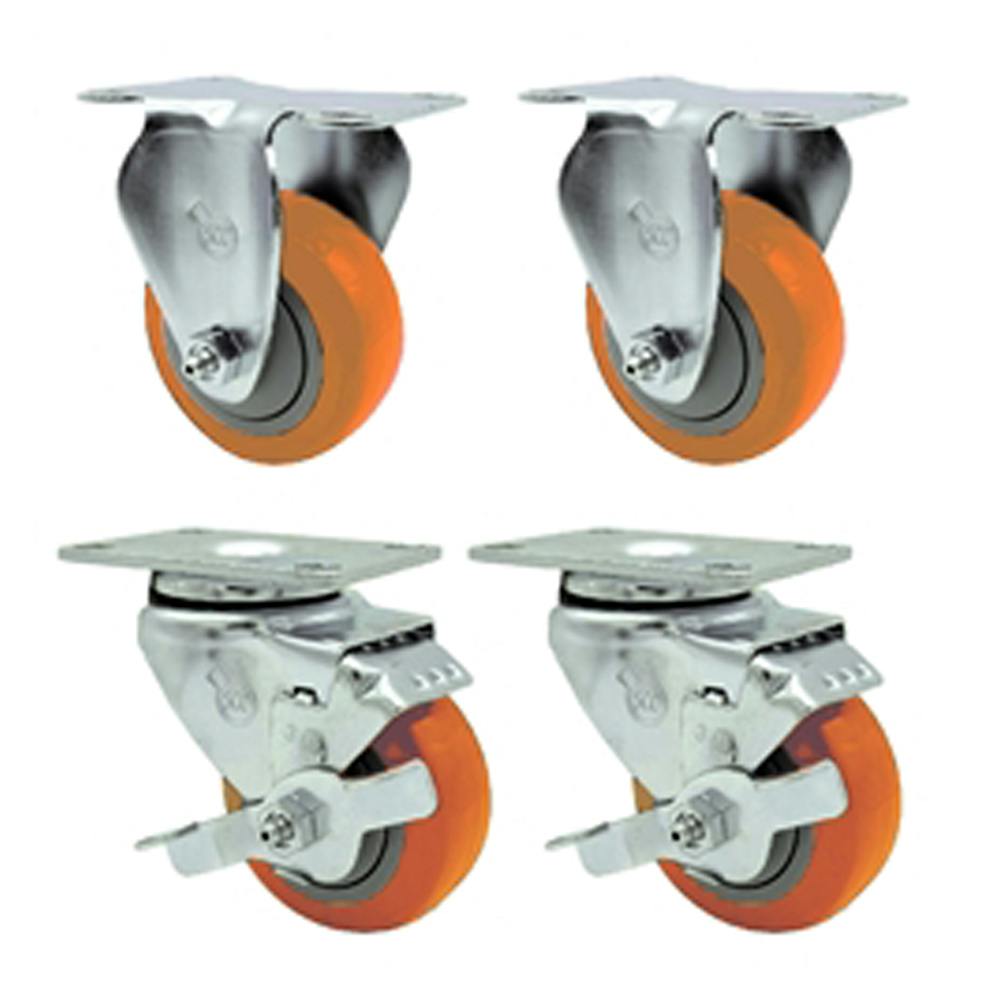 Orange Polyurethane Caster with 3" OD x 1-1/4" W Wheel & Top Plate Mount - Set of 4 (2 Rigid & 2 Swivel with Brake)