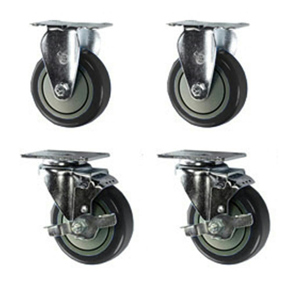 Black Polyurethane Caster with 4" OD x 1-1/4" W Wheel & Top Plate Mount - Set of 4 (2 Rigid & 2 Swivel with Brake)