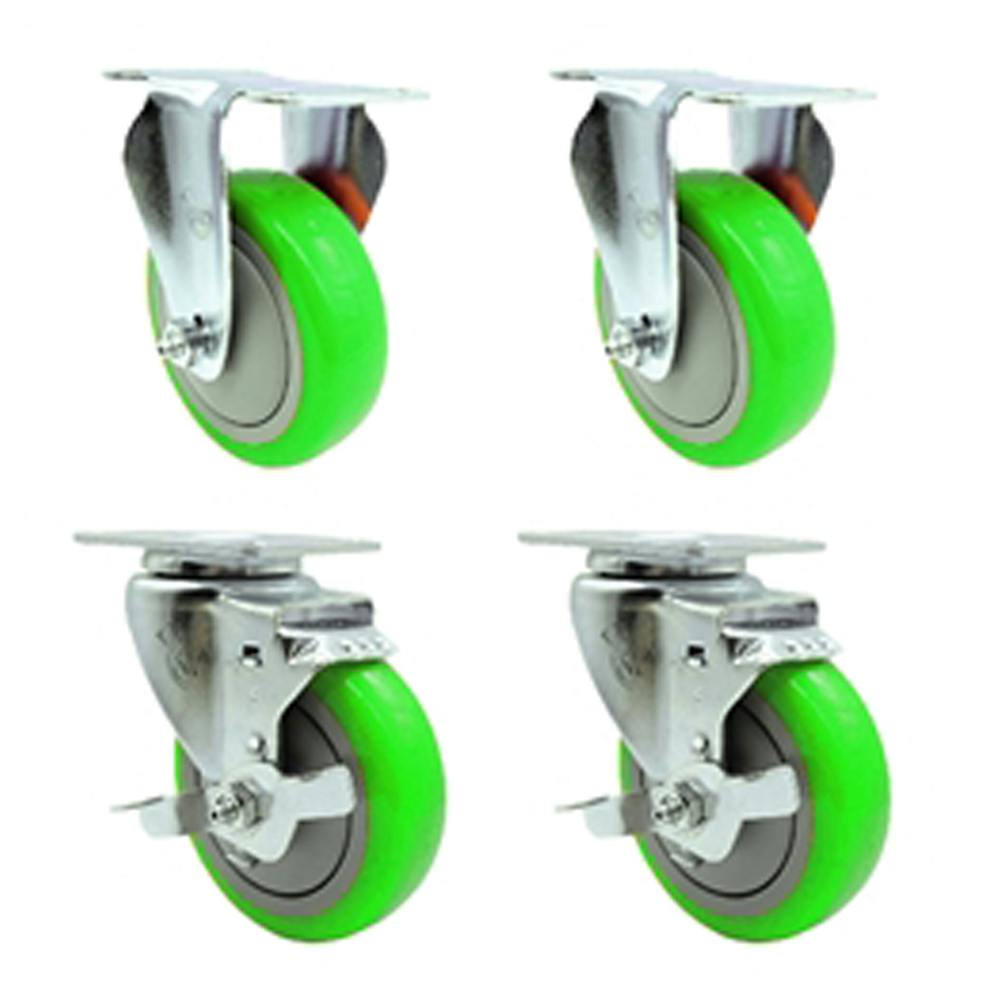 Green Polyurethane Caster with 4" OD x 1-1/4" W Wheel & Top Plate Mount - Set of 4 (2 Rigid & 2 Swivel with Brake)