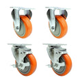 Orange Polyurethane Caster with 4" OD x 1-1/4" W Wheel & Top Plate Mount - Set of 4 (2 Rigid & 2 Swivel with Brake)