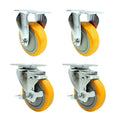 Yellow Polyurethane Caster with 4" OD x 1-1/4" W Wheel & Top Plate Mount - Set of 4 (2 Rigid & 2 Swivel with Brake)