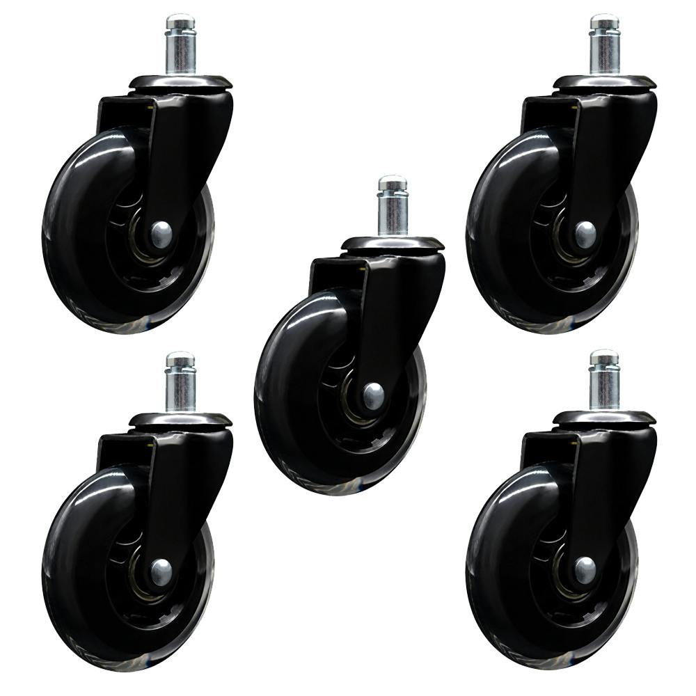 Transparent/Black Heavy-Duty Polyurethane Caster with 3" OD Skate-Style Wheel & Stem - Set of 5