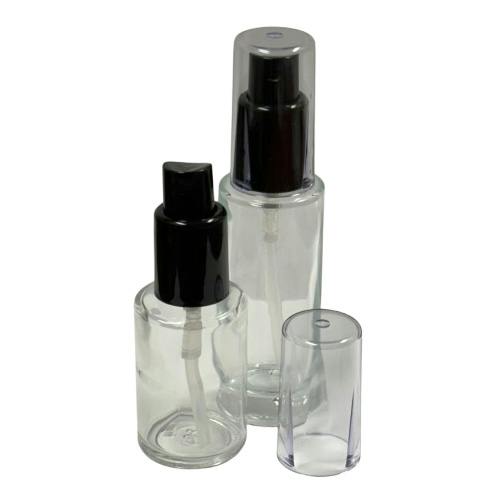 30mL (1 oz.) Clear Tall Cylinder Glass Bottle with 18/415 White Polypropylene Denali Finger Sprayer with Tall Smooth Collar & Clear ABS Overcap