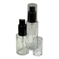 30mL (1 oz.) Clear Tall Cylinder Glass Bottle with 18/415 Black Polypropylene Denali Finger Sprayer with Tall Smooth Collar & Clear ABS Overcap